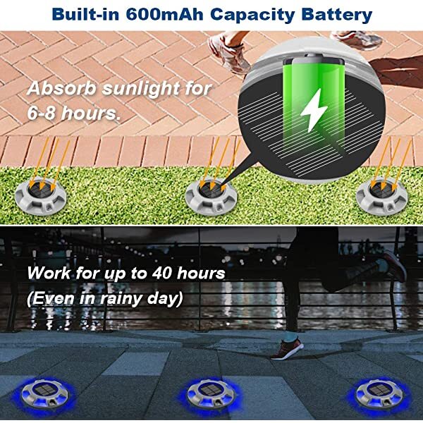 Working time for AZIMOM Solar Walkway Lights Solar-Powered Wireless LED Deck Lights 8-Pack Blue for Dock Lighting/Path lighting/Road Marker