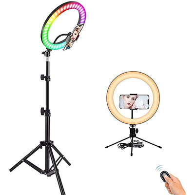AZIMOM RGB Ring Light Multi Color 10 Inch 26cm with Tripod Stand & Phone Holder for Makeup, YouTube, Video, Photography