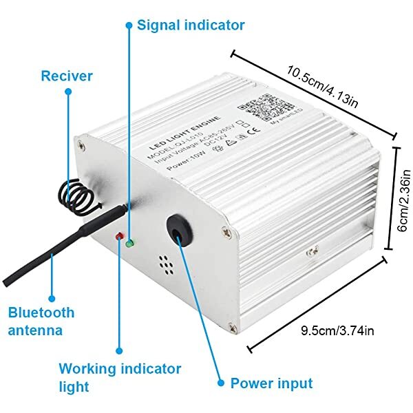 AZIMOM 10W Twinkle RGBW Fiber Optic Light Engine with Bluetooth APP+Remote Control Music Mode Dimension Information