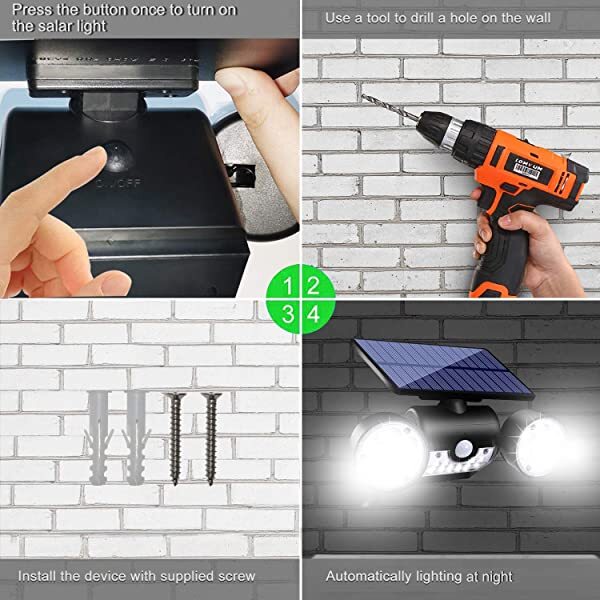 AZIMOM Solar LED Security Light Outdoor Solar Security Lights Dusk to Dawn Cool White 6500K 3pcs Adjustable Heads Waterproof IP65 270° Wide Illumination Installation