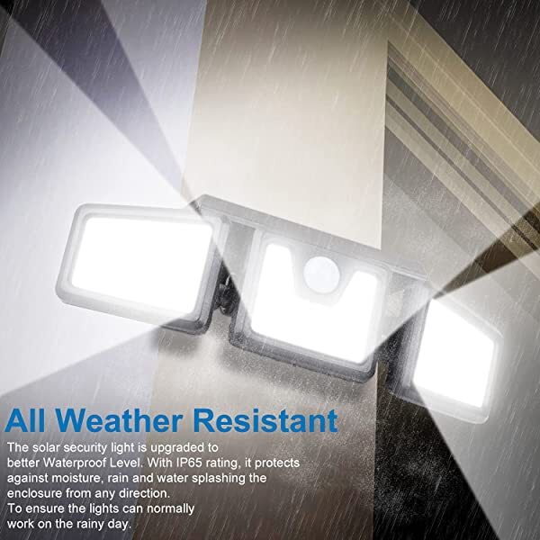 AZIMOM Waterproof Solar Security Light with Motion Sensor Solar Powered Security Lights 3 Adjustable Heads 128 LEDs Cool White 6500K IP65 270° Wide Illumination 2-Pack