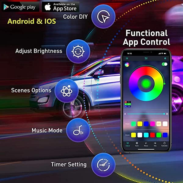 Bluetooth APP Contorl for SANLI LED RGB Ambient Light Fiber Optic 9 in 1 with 4 Pcs Car Footwell Lights