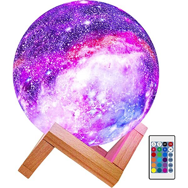 AZIMOM 3D Galaxy Moon Lamp 3D Printed Moon Lamp 16 Colors with Wood Stand Remote & Touch Control USB Rechargeable