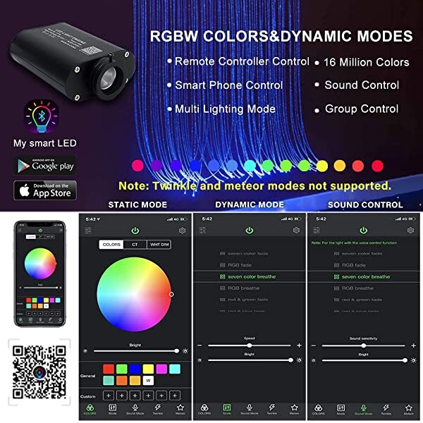 Bluetooth APP for AZIMOM 16W RGBW LED Fiber Optic Lights for Sensory Rooms Remote Control Music Mode with Sparkle Fiber Optic Bundle