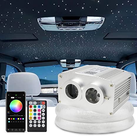 SANLI LED 2*8W Twinkle Rolls Royce Starlight Headliner Kit with 600Pcs Fiber Cables & Bluetooth App Control, RGBW Dual Head Fiber Optic Starlight Headliner with Meteor Kit