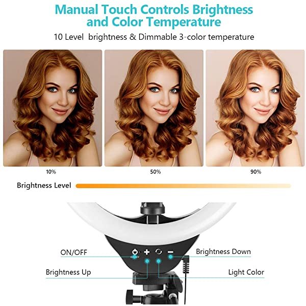 AZIMOM Dimmable 10 Inch 26cm Ring Light with Tripod Stand & Phone Holder