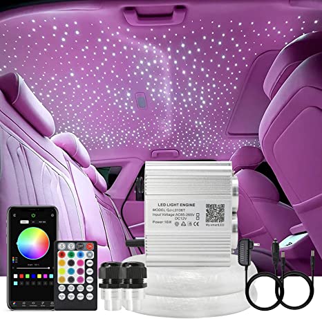 AZIMOM 16W Fiber Optic Starlight Headliner Kit – 600 Twinkling Fibers, APP & Remote, Sound-Activated & Music Sync For Car/Home Star Ceiling