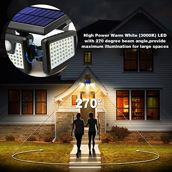 AZIMOM Adjustable Outdoor Solar Security Lights Solar Motion Detector Lights 3 Adjustable Heads 128 LEDs Warm White 3000K IP65 270° Wide Illumination 2-Pack