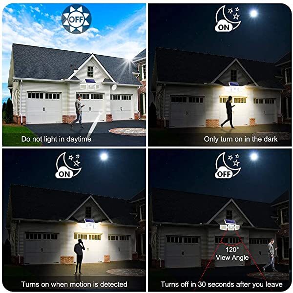 AZIMOM Auto Work Outdoor Solar Security Lights Solar Motion Detector Lights 3 Adjustable Heads 128 LEDs Warm White 3000K IP65 270° Wide Illumination 2-Pack