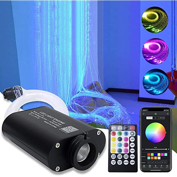 AZIMOM 16W RGBW LED Fiber Optic Lights for Sensory Rooms Bluetooth APP/Remote Control Music Control with Sparkle Fiber Optic Bundle