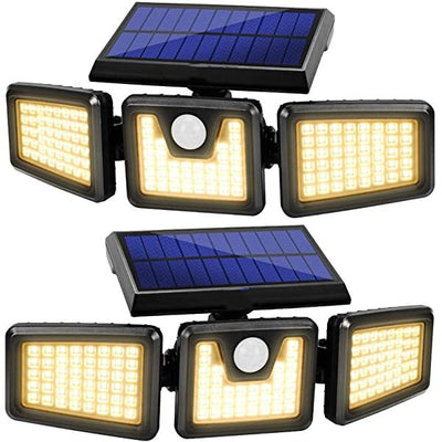 AZIMOM Outdoor Solar Security Lights Solar Motion Detector Lights 3 Adjustable Heads 128 LEDs Warm White 3000K IP65 270° Wide Illumination 2-Pack