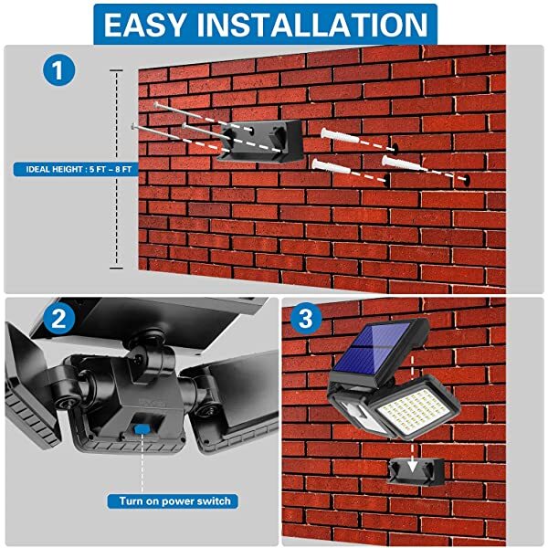 Installation Steps for AZIMOM Solar Security Light with Motion Sensor Solar Powered Security Lights 3 Adjustable Heads 128 LEDs Cool White 6500K IP65 270° Wide Illumination 2-Pack