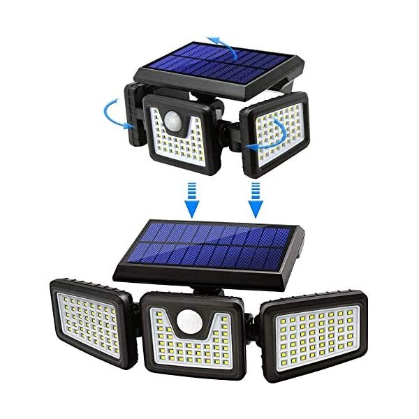 AZIMOM Solar Security Light with Motion Sensor Solar Powered Security Lights 3 Adjustable Heads 128 LEDs Cool White 6500K IP65 270° Wide Illumination
