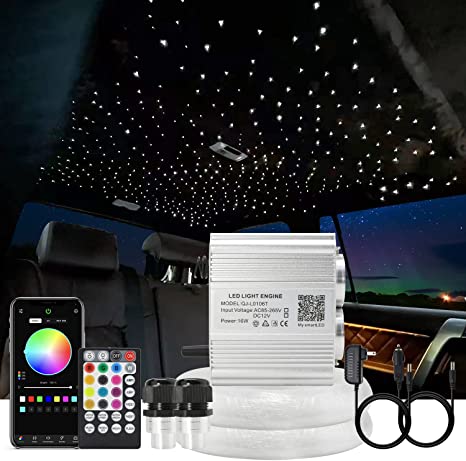 SANLI LED 2*8W Twinkle Rolls Royce Starlight Headliner Kit with 900Pcs Fiber Cables & Bluetooth App Control, RGBW Dual Head Fiber Optic Starlight Headliner with Meteor Kit