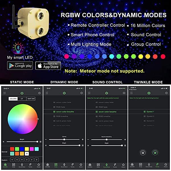 APP for AZIMOM 2*10W Twinkle RGBW Fiber Optic Source with Bluetooth APP/Remote Contorl Sound Activated for Cars, Home Theater Ceiling Stars