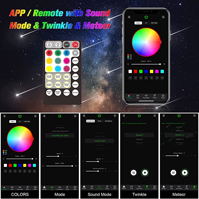 Bluetooth App & Remote Controller for SANLI LED 2*6W Twinkle Fiber Optic Star Light Headliner Kit with Meteor Lights