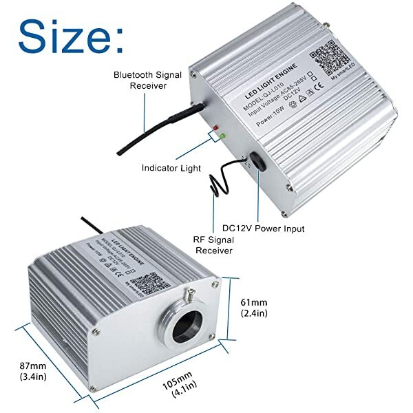 AZIMOM 10W Twinkle RGBW Fiber Optic Light Engine with Bluetooth APP+Remote Control Music Mode Size Information