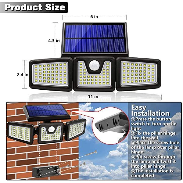 Dimensions for AZIMOM Outdoor Solar Security Lights Solar Motion Detector Lights 3 Adjustable Heads 128 LEDs Warm White 3000K IP65 270° Wide Illumination 2-Pack
