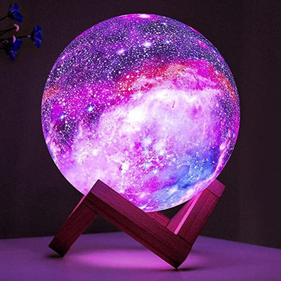 AZIMOM 3D Galaxy Moon Lamp 3D Printed Moon Light 16 Colors with Wood Stand Remote & Touch Control USB Rechargeable