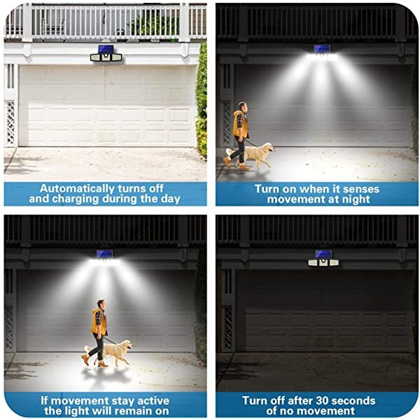 AZIMOM Auto Work Solar Security Light with Motion Sensor Solar Powered Security Lights 3 Adjustable Heads 128 LEDs Cool White 6500K IP65 270° Wide Illumination 2-Pack