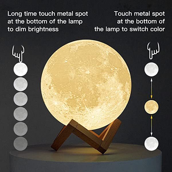 AZIMOM Moon Lamp Light Moonlight 3D Printing Cool White/Warm White with Wood Stand USB Rechargeable Touch Control Gift for Kids & Women