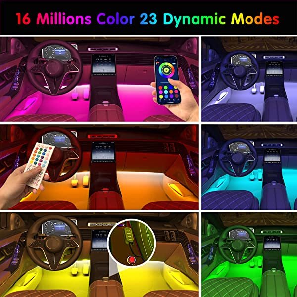 RGB Color Changing for SANLI LED Car Ambient Lighting with App Control, Smart Interior Car Ambient Lighting with DIY Mode and Music Mode, RGB Car Ambient Lighting with 2 Lines Design