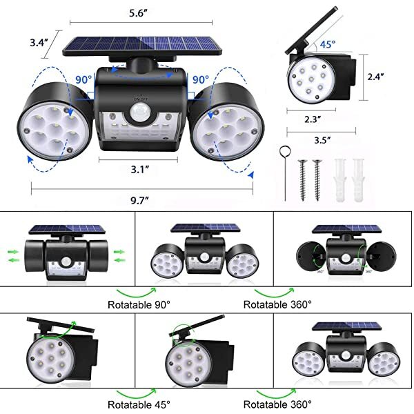 AZIMOM Adjustable Solar LED Security Light Outdoor Solar Security Lights Dusk to Dawn Cool White 6500K 3pcs Adjustable Heads Waterproof IP65 270° Wide Illumination 1/2/4-Pack