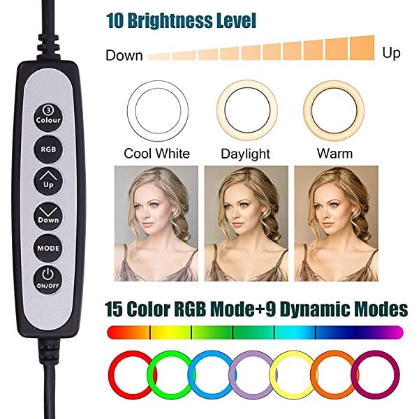 Dimmable for AZIMOM RGB Ring Light Multi Color 10 Inch 26cm with Tripod Stand & Phone Holder
