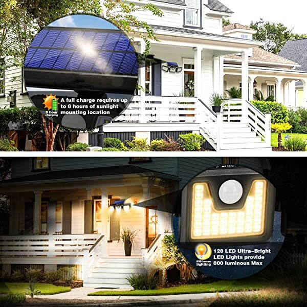 AZIMOM Outdoor Solar Security Lights Solar Motion Detector Lights 3 Adjustable Heads 128 LEDs Warm White 3000K IP65 270° Wide Illumination 2-Pack Application