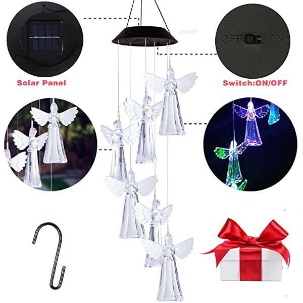AZIMOM Solar Angel Wind Chimes Solar Powered Angel Wind Chimes Outdoor Patio Lawn Gardening Gifts Festival Decor for Women