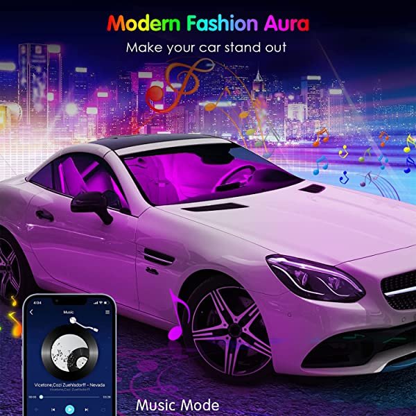 Music Mode for SANLI LED Car Ambient Lighting with App Control, Smart Interior Car Ambient Lighting with DIY Mode and Music Mode, RGB Car Ambient Lighting with 2 Lines Design