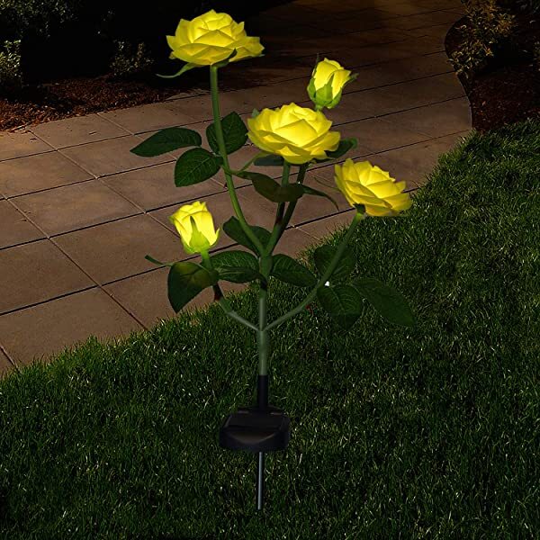 AZIMOM Yellow Solar Rose Lights Solar Powered Roses Solar Rose Flower Garden Lights for Yard Patio Pathway Lighting