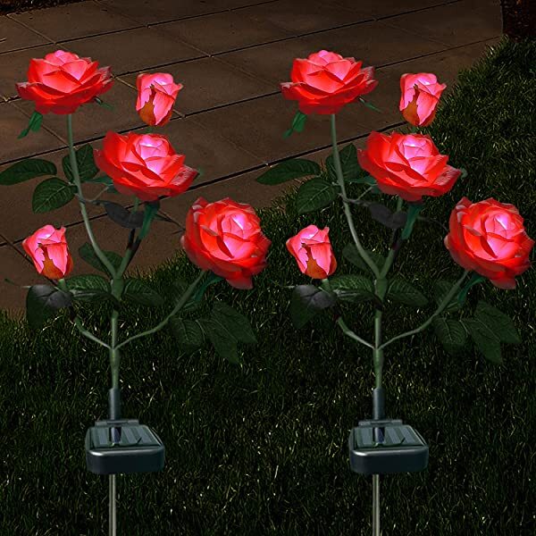 AZIMOM Red Solar Rose Lights Solar Powered Roses Solar Rose Flower Garden Lights 