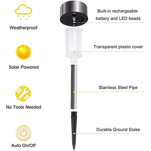 AZIMOM Pathway LED Lights Outdoor LED Solar Pathway Lights Warm White Waterproof Stainless Steel Deatails