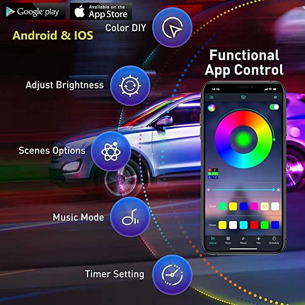 Bluetooth APP Contorl for SANLI LED RGB Ambient Light Fiber Optic 9 in 1 with 4 Pcs Car Footwell Lights 