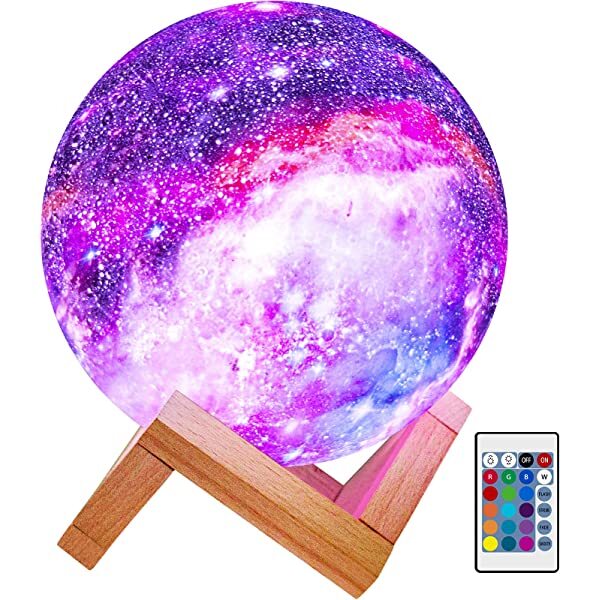 AZIMOM 3D Galaxy Moon Lamp 3D Printed Moon Lamp 16 Colors with Wood Stand Remote & Touch Control USB Rechargeable 