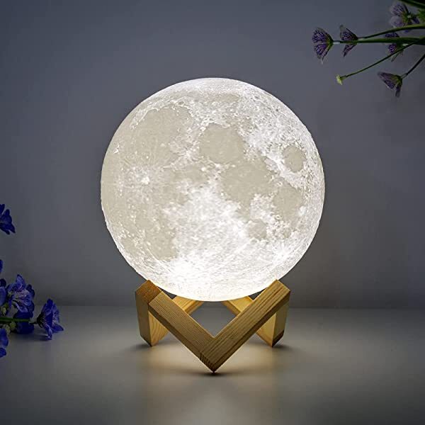 AZIMOM Moon Lamp Light Moonlight 3D Printing Cool White/Warm White with Wood Stand USB Rechargeable Touch Control Gift for Kids & Women with Wood Stand