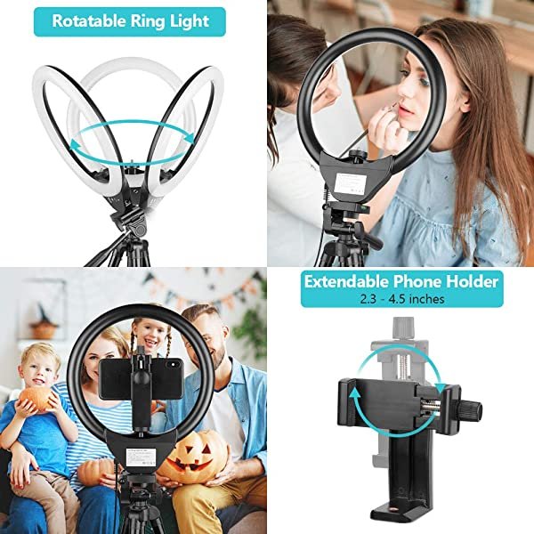AZIMOM Rotable 10 Inch 26cm Ring Light with Tripod Stand & Phone Holder