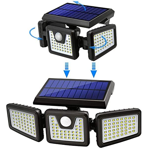 SANLI LED Outdoor Solar Security Lights Solar Motion Detector Lights 3 Adjustable Heads 128LEDs Warm White 3000K IP65 270° Wide Illumination 2-Pack