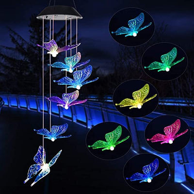 AZIMOM Solar Powered Butterfly Wind Chimes Butterfly Solar Wind Chimes Hanging Solar Wind Chimes for Home Garden Decorations