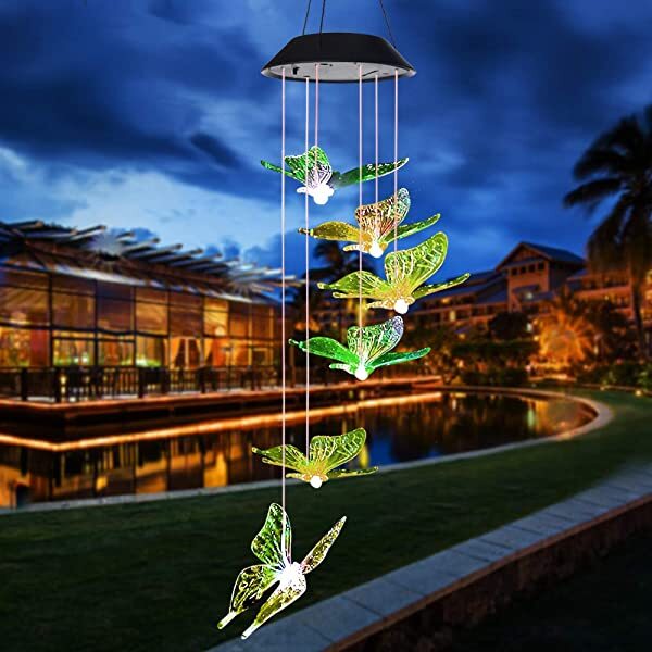 AZIMOM Solar Powered Butterfly Wind Chimes Butterfly Solar Wind Chimes Hanging Solar Wind Chimes for Home 
