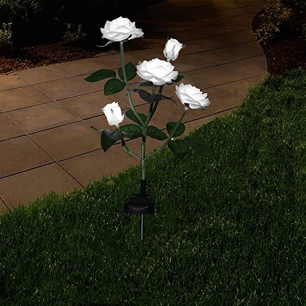 AZIMOM White Solar Rose Lights Solar Powered Roses Solar Rose Flower Garden Lights for Yard Patio Pathway Lighting