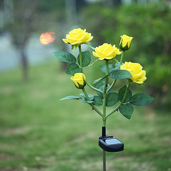 AZIMOM Yellow Solar Rose Lights Solar Powered Roses Solar Rose Flower Garden Lights 
