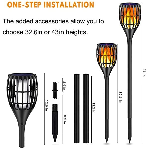 Dimensions for AZIMOM Solar Tiki Torches Solar Flame Lights Waterproof Landscape Lighting Auto On/Off from Dusk to Dawn Security Torch Light 