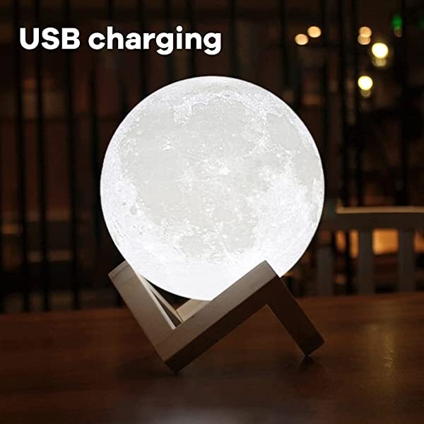 AZIMOM Moon Lamp Light Moonlight 3D Printing Cool White/Warm White with Wood Stand USB Rechargeable Touch Control Gift for Kids & Women