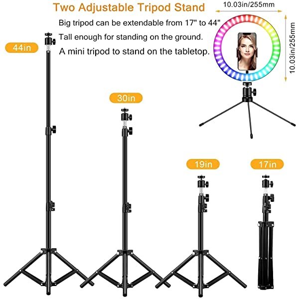 Tripod Stands for AZIMOM RGB Ring Light Multi Color 10 Inch 26cm with Phone Holder for Makeup, YouTube, Video, Photography
