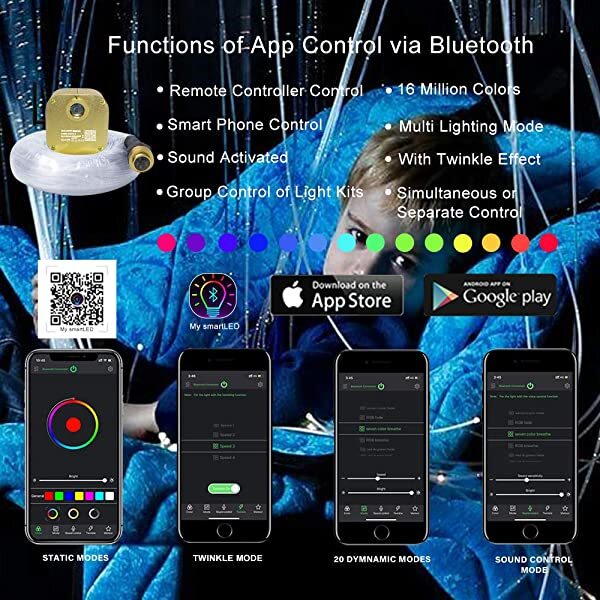 APP Control for AZIMOM 16W Twinkle RGBW Fiber Optic Sensory Lighting Kit with Bluetooth APP/Remote Control & Music Activated