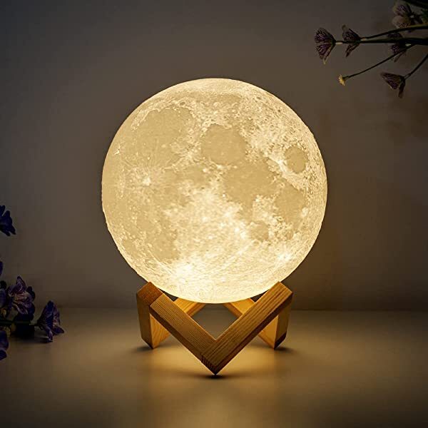 AZIMOM Moon Lamp Light Moonlight 3D Printing Cool White/Warm White with Wood Stand USB Rechargeable Touch Control Gift for Kids & Women