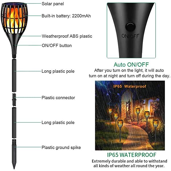 Technical Details for AZIMOM Solar Tiki Torches Solar Flame Lights Waterproof Landscape Lighting Auto On/Off from Dusk to Dawn Security Torch Light for Yard Patio Pathway