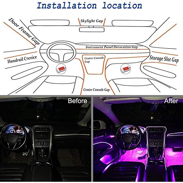 Installation Icoation for SANLI LED RGB Ambient Light Fiber Optic 9 in 1 with 4 Pcs Car Footwell Lights 